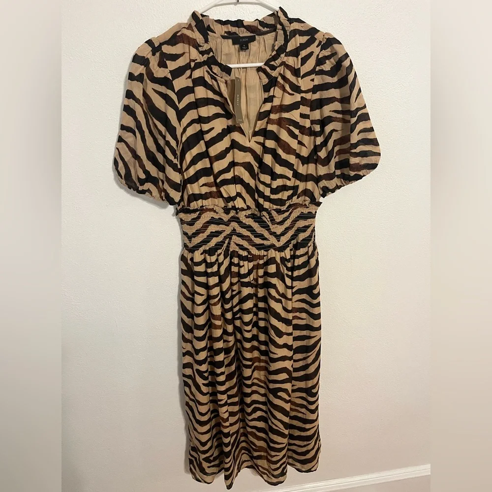 J. CREW Smocked Waist Cotton Voile Dress in Zebra Print Size Small NWT